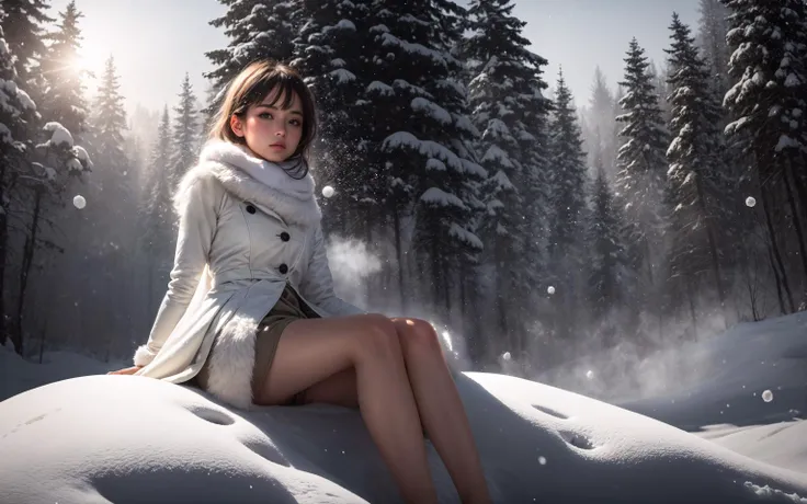 masterpiece, best quality, modelshoot style, 1girl, face focus, (looking at viewer), (godrays1.6), (snow particles, light bundles:1.5), snow, frosting, sunrise, sitting, snow bank, from below, dark theme, volumetric lighting, <lora:add_detail:0.4>, <lora:epiNoiseoffset_v2-pynoise:1.5>, <lora:LowRA:0.3>
