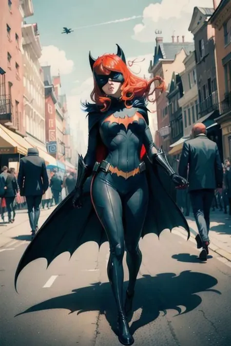 highly detailed masterpiece, Batwoman standing with wide legs, medium full shot, dutch angle,