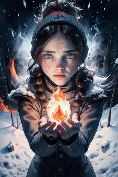 freezing woman in snow, burning hands, fire ball in hand, glowing eyes, magic fire, fire powers, dramatic light, high contrast shadows, throwing fire, freckles, dark blue eyes, black hair, single braid, looking at viewer, in snow, outside, full shot, dutch angle, scewed view
