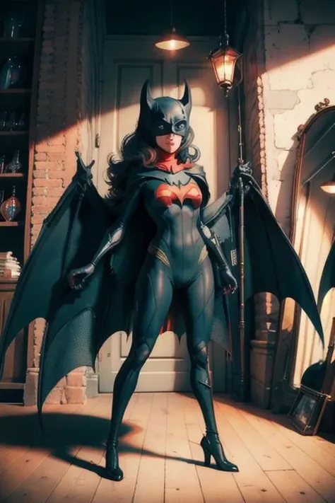 highly detailed masterpiece, Batwoman standing with wide legs, medium full shot, dutch angle,