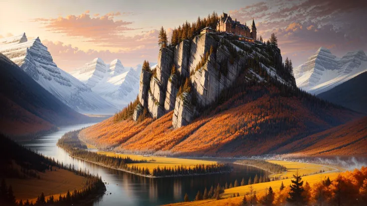 excellent oil painting of a mountain landscape in autumn,vibrant colors,powerfull style with epic dramatism,small willage,young passants and cows,river and lake, dark vampire castle in mountian peak, best quality,maximum quality,intricate details,ultrasahrp,ambient oclusion,realistic shadows,art by Bastien Lecouffe Deharme,8k,oil art,<lora:add_detail:1> <lora:royta v1.1:0.4>,