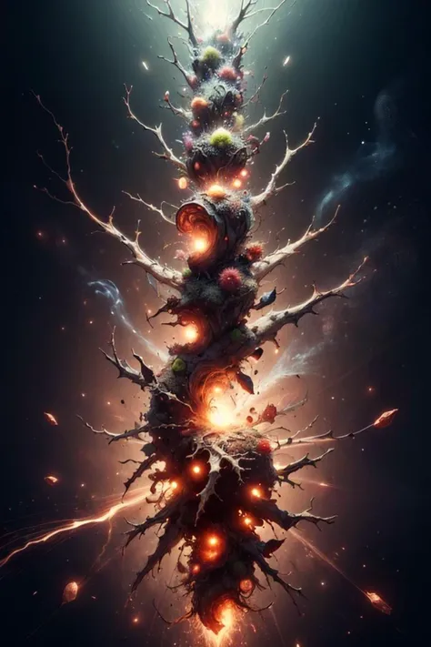 <lora:ExplosionMagic-20:0.5>, explosionmagic, smoke, glowing aura, excessive energy, Wee Bluish-Black Spore Print Bushy Triangular plant, Involucrate, Clustered, Creeping root