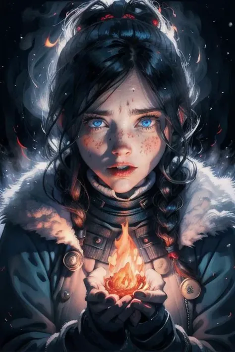 freezing woman in snow, burning hands, fire ball in hand, glowing eyes, magic fire, fire powers, dramatic light, high contrast shadows, throwing fire, freckles, dark blue eyes, black hair, single braid, looking at viewer, in snow, outside, full shot, dutch angle, scewed view