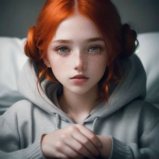 ocouture fashion photography, an award winning photo of a beautiful redhead girl with freckles in hoodie, bun, lying in bed, dark lighting, (deep shadows:1.1), masterpiece, best quality, (intricate details), dreamy, magnificent, ethereal, volumetric lighting, lightroom, ((cinematic)), raytracing, subsurface scattering, face focus,