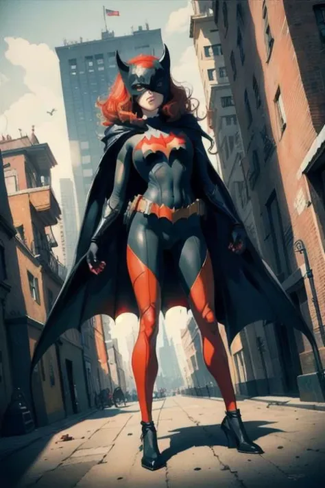 highly detailed masterpiece, Batwoman standing with wide legs, medium full shot, dutch angle,