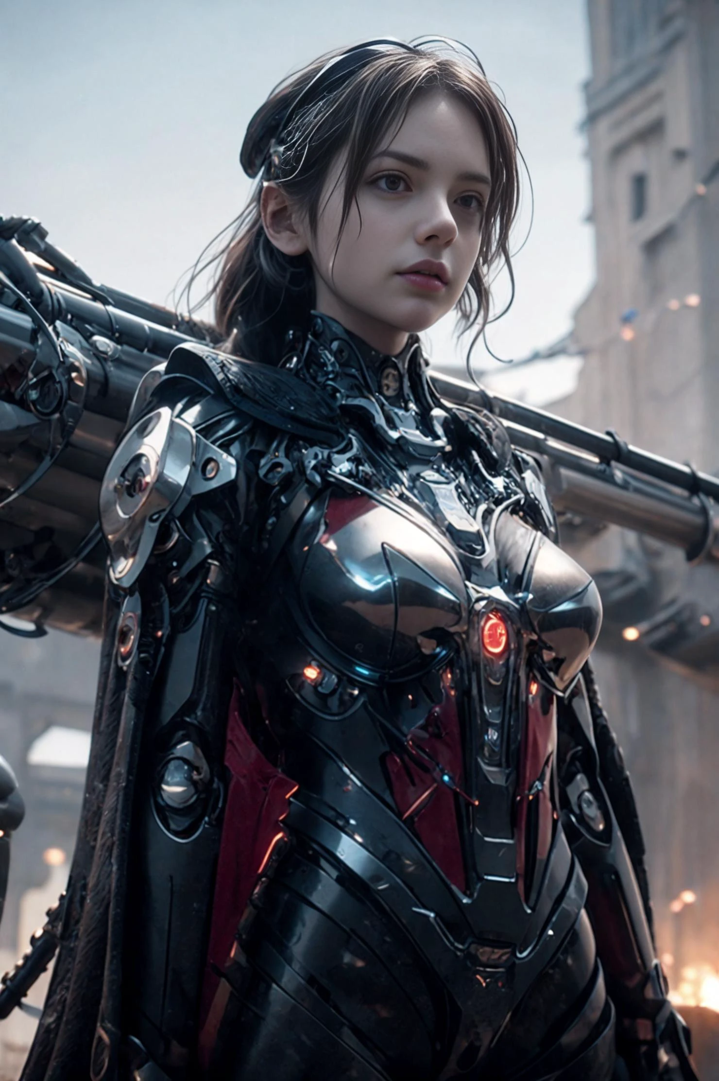 (upper body), sun rays, sunlight,action pose,portrait, (orb),mechanical eyes,wire, chain,steampunk,mecha musume,mechanical parts,robot,red armor, red hair, black tunic, red and black cloak, red cross, black cross on chest,chainmail,wearing black templar clothes,coif,light, 8K, RAW, best quality, masterpiece, ultra high res, colorful, (medium wide shot), (dynamic perspective), sharp focus ,depth of field, extremely detailed eyes and face, beautiful detailed eyes,medium breasts,(black red, trimmed gear:1.2),(In a futuristic castle:1.2), <lyco:Robotaction:0.8> <lora:add_detail:0.4> <lyco:templar:1.0>, (mechanical parts), cybernetic, <lora:OrientalBeauty_MIX:0.6>, <lora:cbpkv_20230614221551:0.6> cbpkv5
