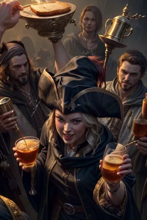 a profestional picutre of 1man, <lora:Clothing - Dark Priest:0.7> darkpriest with dark robe ,Pirate's Toast: Behavior: The character raises a tankard high, a hearty laugh escaping her lips. Her movements are jovial and infectious, inviting her crew to share in the revelry., camera angle from above and focus on upper body, blend photorealism 2 2 : fashion shadows photographic unreal 5 daz. rpg ,extremely detailed artgerm greg rutkowski greg,((ultrasharp)),((masterpiece)),((best quality)),((ultradetailed)),((intricated details)), ultradetailed character, detailed face, intricated face details, <lyco:GoodHands-beta2:1.0> <lora:add_detail:0.5> , extremaly detailed background,