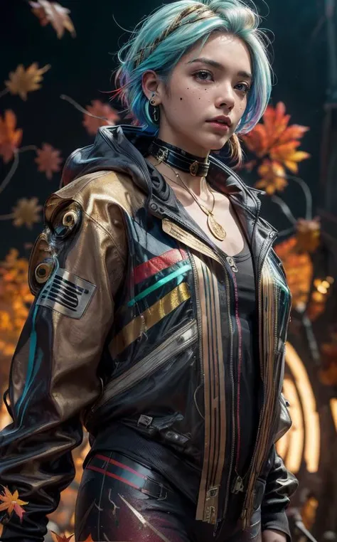 1 mermaid, (dinosaur skull), tech, cyberpunk, wires, goggles, transparent layered jacket, (gold hair:1.2), lightbox, choker, earrings, (red stripe makeup:1.3), flower in hair, beautiful lighting, best quality, masterpiece, ultra highres, photorealistic, (autumn abstract background:1.4), <lora:Niji:0.5>, closeup, bokeh <lora:addDetail.JO09:0.8>