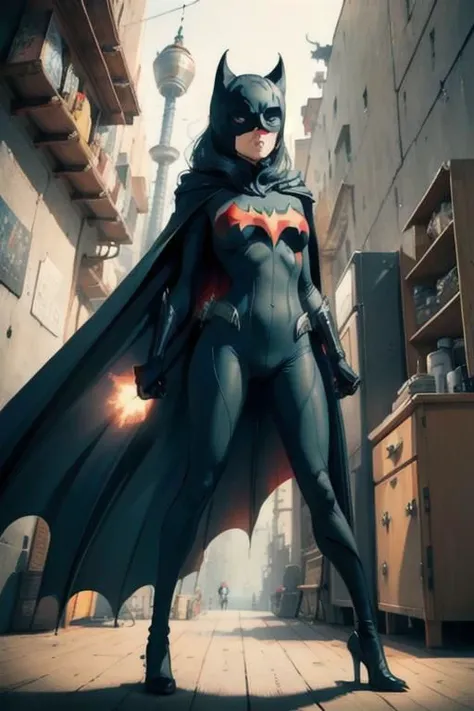 highly detailed masterpiece, Batwoman standing with wide legs, medium full shot, dutch angle,