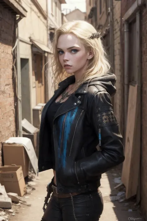 cute punk rock girl, mad max black jacket, renaissance, blonde, blue eyes, (young billie piper:0.2), loose hair in mane, out-of-focus background, alleys, hyperrealistic style, oil painting, fantasy by Olga Fedorova