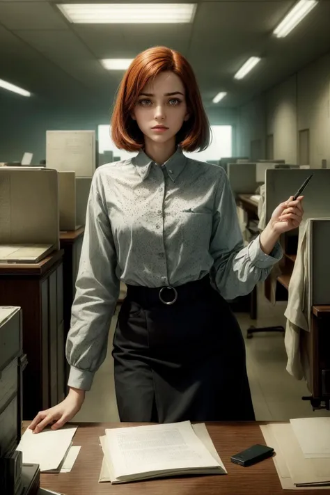 ((((full color)))) image Step into a bygone era where the relentless gears of authority grind on, evoking the haunting ambiance of Kafka's labyrinthine bureaucracy and Orwell's dystopian regime.
In this dystopian reality, the office clerk stands as an incongruous figure amidst conformity and submission. She is a striking young woman with shoulder-length ginger red hair, a slim figure, and a resplendent visage. Her eyes, set two inches apart, are a haunting shade of dark green, framed by long, inky eyelashes. Her delicate face boasts a small, forlorn snub nose and high cheekbones. Her lips are downturned and pale pink, often slightly parted in a neutral expression, revealing pearly white teeth. Freckles speckle her face, like forgotten fragments of history in a world ensnared by tradition.
The office itself exudes an eerie nostalgia, illuminated by the warm glow of aged incandescent bulbs. Rows of archaic cubicles stretch endlessly, evoking the spirit of a past era. Walls are adorned with aged propaganda posters, their ominous slogans whispering: 'Compliance is Tradition.'
The office clerk's desk, a time capsule of mundanity, is buried beneath endless scrolls of parchment, an ode to the relentless onslaught of paper and surveillance. Her old typewriter, a symbol of analog servitude, clatters ceaselessly, echoing the watchful eye of the state.
Beyond the confines of the office, through faded, barred windows, the cityscape sprawls. The faint hum of crackling radio waves fills the air, a reminder of the omnipresent surveillance.
This image captures a spectral glimpse of a soul ensnared within the mechanical machinations of a bygone regime, a life bereft of freedom, expression, or reprieve, with a singular figure whose defiance illuminates the gloomâa haunting tableau of a dystopian past <lora:hairdetailer:0.5> <lora:fitgirl_v10:0.5> <lora:add_detail:0.5> realistic depiction of light, luminous pointillism,