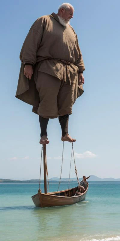 giant man on small boat