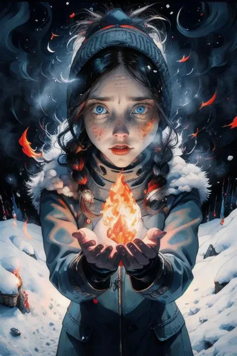 freezing woman in snow, burning hands, fire ball in hand, glowing eyes, magic fire, fire powers, dramatic light, high contrast shadows, throwing fire, freckles, dark blue eyes, black hair, single braid, looking at viewer, in snow, outside, full shot, dutch angle, scewed view