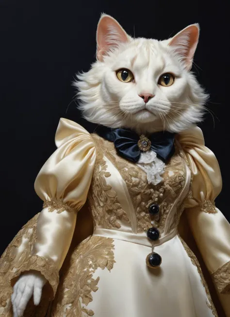 highly detailed, photorealism, (anthropomorphized cat:1.2), monocle, silk gown