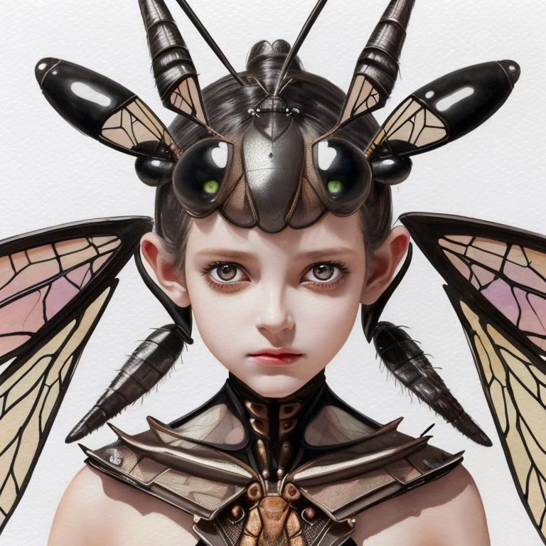 a girl with ant antenna on her head, multifaceted eyes, insect wings for ears
best quality, masterpiece, 8k, RAW, extremely detailed, intricate, watercolor