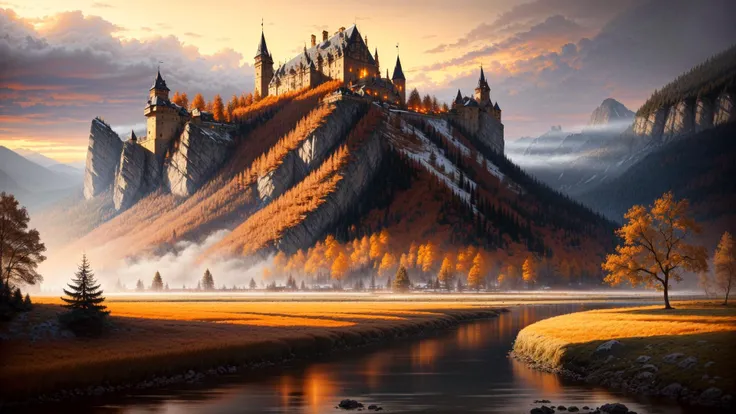 excellent oil painting of a mountain landscape in autumn,vibrant colors,powerfull style with epic dramatism,small willage,young passants and cows,river and lake, dark vampire castle in mountian peak, best quality,maximum quality,intricate details,ultrasahrp,ambient oclusion,realistic shadows,art by Bastien Lecouffe Deharme,8k,oil art,<lora:add_detail:1> <lora:royta v1.1:0.4>,