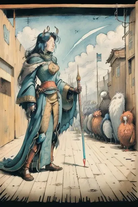 Art nouveau Japanese woodcut frame, 1800s steampunk Valkyrie painting, a female soldier, medium full shot, dutch angle, dynamic Scene, neon-pastel medieval battlefield,
