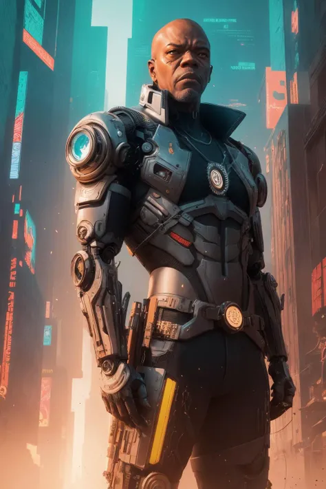 cyberpunk style,samuel l.jackson,Eclectic architecture,photorealistic,posing,Intricate facepaint,mechanical parts,robot joints,golden hour,dramatic,Intricate background,glow light behind,Hyper realistic,striking visuals,Vivid colors,particle effects,glow effects,(masterpiece, best quality, high quality, highres, ultra-detailed),style of Hugh Ferriss,style of Geof Darrow,neon,dystopian,futuristic,digital,vibrant,detailed,high contrast,reminiscent of cyberpunk genre,