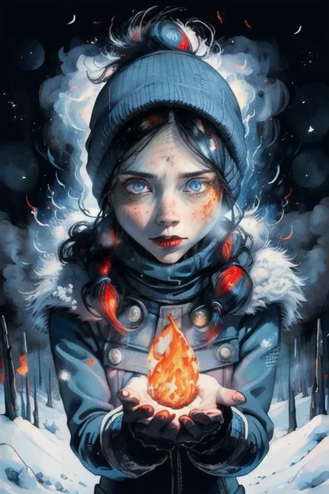 freezing woman in snow, burning hands, fire ball in hand, glowing eyes, magic fire, fire powers, dramatic light, high contrast shadows, throwing fire, freckles, dark blue eyes, black hair, single braid, looking at viewer, in snow, outside, full shot, dutch angle, scewed view