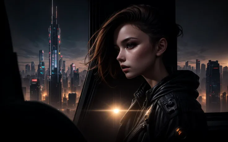 (cyberpunk city:1.3), (1girl:1.3), from above, cybernetics, cyberwear, rgb lights, (close-up:1.3), looking at viewer, (undercut:1.5), orange hair, dawn, sunrise, early morning, paradise, utopia, skyscraper, citadel, sci-fi, future architecture, 21:9, dynamic, great perspective, film grain, motion blur, cinematic, masterpiece, high quality, highres, absurdres, editorial, official art, artstation, dramatic, great composition, concept art, matte painting, hyperreal, photoreal, realistic, raw photo, detailed, ultra-detailed, intricate, volumetric lighting, <lora:epiNoiseoffset_v2-pynoise:1.4> <lora:add_detail:0.7> <lora:LowRA:0.3>