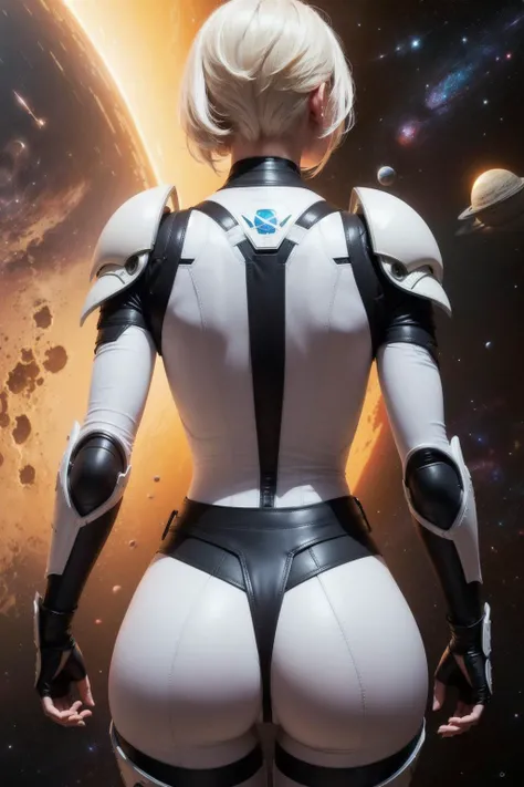 (extremely intricate:1.3), (realistic), (masterpiece, best quality:1.2), a futuristic picture, (woman with beautiful body), (skin tight), black spandex, (space armor plates:1.5), fit body, toned, defined, (looking away:1.4), (back of the head:1.4), space scene, scifi , hyperrealistic, (from behind:1.2), (butt cheeks:1.2), (short white hair), belt