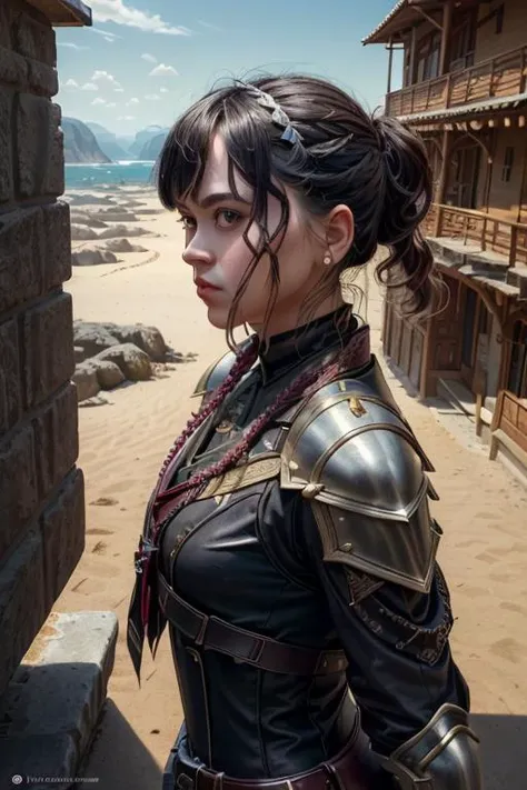 a profestional picutre of W3DDDN3SD4Y, 1girl, battlepriest <lora:Clothing - Battle Priest_v2:0.7> paldin with holy armor,Nomad's Vigilance: Behavior: The character scans the horizon with keen eyes, her movements cautious and observant. Her pose reflects her role as a watchful guardian of her surroundings., camera angle from above and wide shot, blend photorealism 2 2 : fashion shadows photographic unreal 5 daz. rpg ,extremely detailed artgerm greg rutkowski greg,((ultrasharp)),((masterpiece)),((best quality)),((ultradetailed)),((intricated details)), ultradetailed character, detailed face, intricated face details, <lyco:GoodHands-beta2:1.0> <lora:add_detail:0.5> , extremaly detailed background,