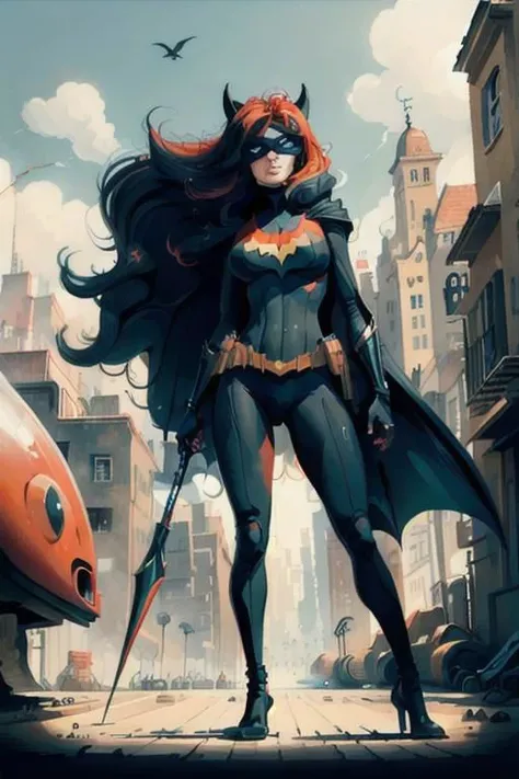 highly detailed masterpiece, Batwoman standing with wide legs, medium full shot, dutch angle,