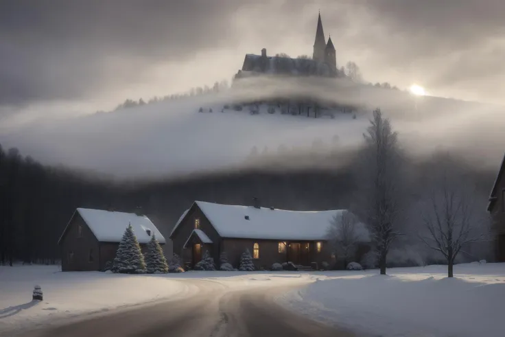 Hyperrealistic christmas landscape photo of a village covered with snow in the ethereal mist, where fairytales come alive, christmas tree, few houses with illuminated windows, smokey chimneys, Trapped within the echoes of forgotten spells, A. B. Jackson, Alan Lee, vivid colors, snowy sky, sun beams, extremely high-resolution details, photographic, realism pushed to extreme, fine texture, incredibly lifelike, masterpiece, best quality, photograph, dreamlike, face focus, intricate details, sharp focus, photography, photorealism, photorealistic, 4k, soft focus, volumetric light, eldritch,(intricate details), (hyperdetailed), 4k hdr, high detailed, lot of details, high quality, soft cinematic light, dramatic atmosphere, atmospheric perspective, wide