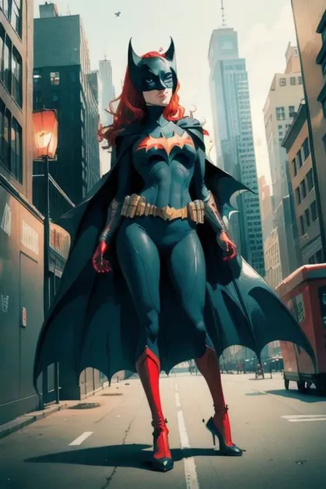 highly detailed masterpiece, Batwoman standing with wide legs, medium full shot, dutch angle,