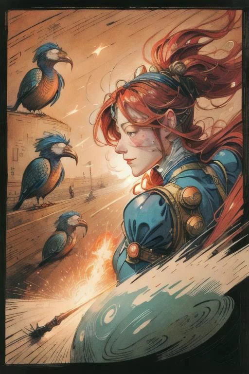 painting by Yoshitaka Amano, Art nouveau Japanese woodcut frame, 1800s steampunk Valkyrie painting, a female soldier, medium full shot, dutch angle, dynamic Scene, neon-pastel medieval battlefield,