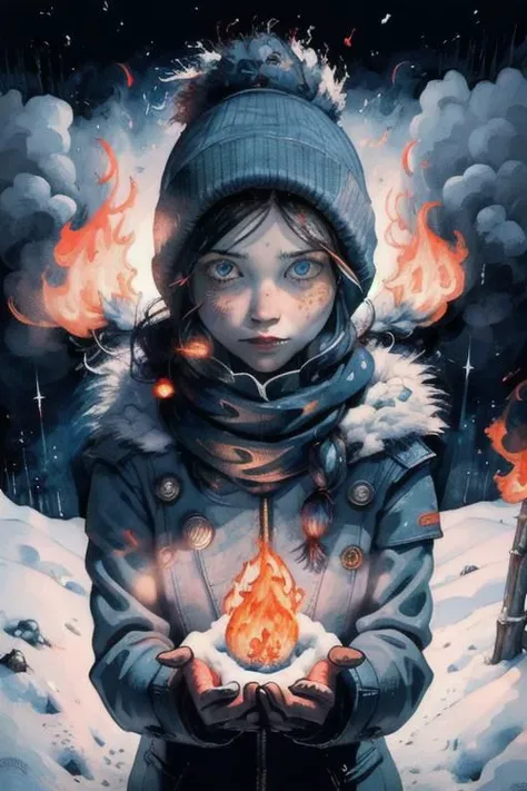 freezing woman in snow, burning hands, fire ball in hand, glowing eyes, magic fire, fire powers, dramatic light, high contrast shadows, throwing fire, freckles, dark blue eyes, black hair, single braid, looking at viewer, in snow, outside, full shot, dutch angle, scewed view