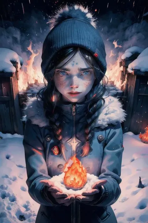 freezing woman in snow, burning hands, fire ball in hand, glowing eyes, magic fire, fire powers, dramatic light, high contrast shadows, throwing fire, freckles, dark blue eyes, black hair, single braid, looking at viewer, in snow, outside, full shot, dutch angle, scewed view