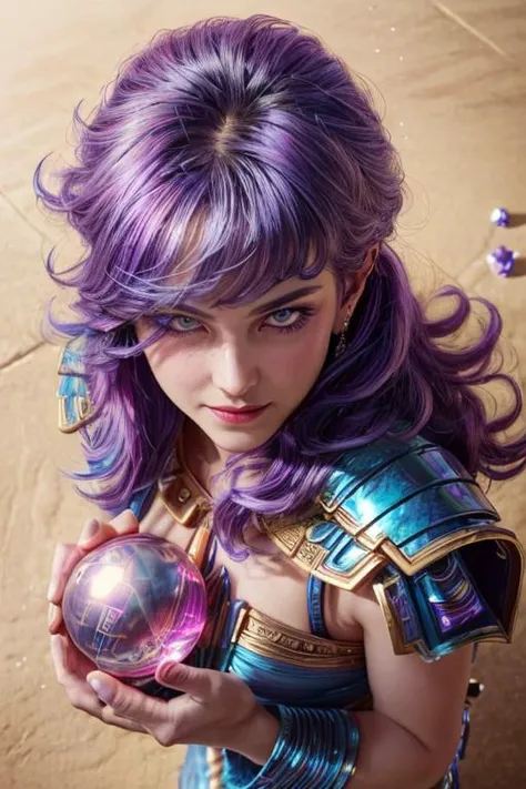 a profestional picutre of 1man, warrior with bismuth armor <lora:bismuth:0.7> ,Gypsy Fortune Teller: Behavior: The character holds a crystal ball, gazing into it with an enigmatic smile. Their movements are slow and deliberate, their eyes locking onto yours as they predict the future with a touch of mystery., camera angle from above and focus on upper body, blend photorealism 2 2 : fashion shadows photographic unreal 5 daz. rpg ,extremely detailed artgerm greg rutkowski greg,((ultrasharp)),((masterpiece)),((best quality)),((ultradetailed)),((intricated details)), ultradetailed character, detailed face, intricated face details, <lyco:GoodHands-beta2:1.0> <lora:add_detail:0.5> , extremaly detailed background,