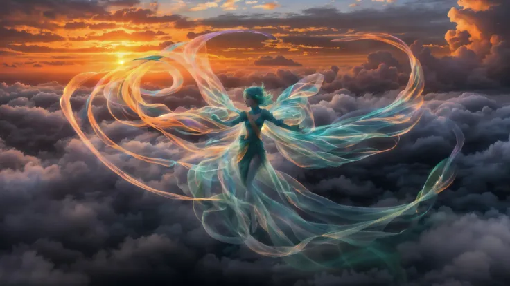 a translucent fully clothed sylph speeding with the wind at sunrise, casting fiery orange streaks of light through clouds, overall style has color highlights of light purple, emerald green, deep blue, silver, and turquoise