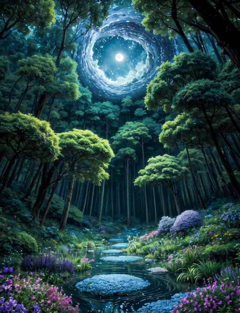 masterpiece, best quality, glamour fisheye shot (from below:0.9) of forest covered in (blue swirling magic:1.3), swirling magic, purple hue, leaves, flowers, night sky, cloudy sky, moon, mist, fog, style-swirlmagic, (photorealistic), <lora:misty of forest:0.4>, <lora:add_detail:0.4>, <lora:epiNoiseoffset_v2-pynoise:2>,