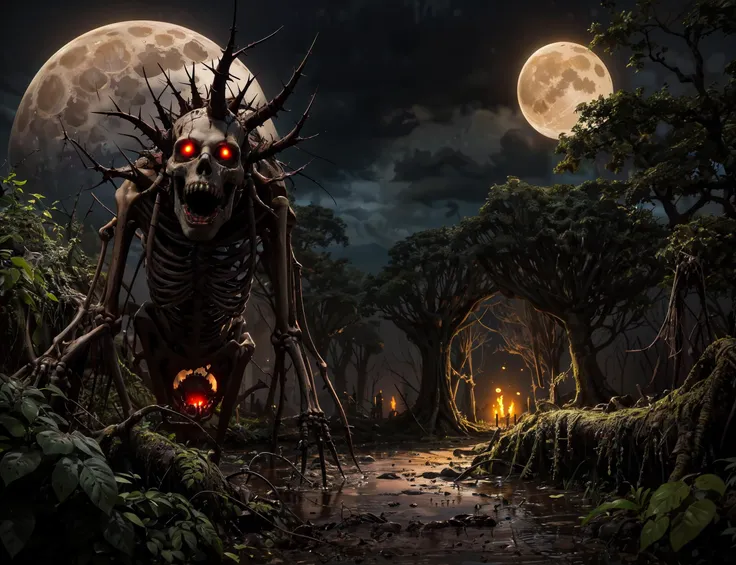 frightful, swamp, graveyard, teeth, monster, nature, sharp teeth, glowing, solo, no humans, checkered, skull, horror \(theme\), outdoors, looking at viewer, open mouth, red eyes, skeleton, glowing eyes, mud, death trees, moon, clouds, male focus, thorns, vines, sky, <lora:add_detail:0.4> <lora:epiNoiseoffset_v2-pynoise:2>,