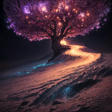 The moonlight shines down upon it, bringing with it swirling magical lights, the forbidden tree, dynamic lighting, photorealistic fantasy concept art, trending on art station, stunning visuals, creative, cinematic, ultra detailed, style-swirlmagic
