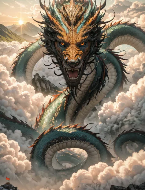 masterpiece, best quality, glamour shot (from above:0.6) of chinese dragon (surrounded by swirling glowing magic), heavenly, clouds, sunrise, blue flames, glowing eyes, ghostly, mountain top, kung-fu, magical, photorealistic, vivid colors, majestic, highly detailed, dynamic pose, style-swirlmagic, <lora:add_detail:0.7>, <lora:epiNoiseoffset_v2-pynoise:2> <lora:ChineseDragon_v02:0.5>