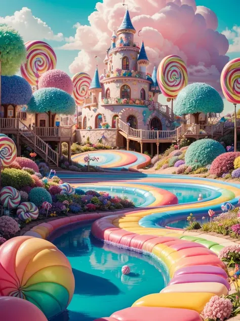 (Masterpiece, best quality:1.3), an (enchanted:1.3) (magical:1.3) (garden), fairy tales, pixar, disney, dreamworks style, surrounded by magic on a dreamlike mountain, rendered in intricate detail in a digital painting with sharp focus, inspired by fairy tales and animated movies from pixar, Disney, and dreamworks, <lora:Candyland-10:0.85>, (candyland:1.5), ice cream, no humans, fantasy, rainbow, balloon, sharp focus, (depth of field), colorful, (shiny:1.2), natural lighting, cake, candy, atmosphere, (bloom:0.4), pastel colors, <lora:add_detail:0.7>,