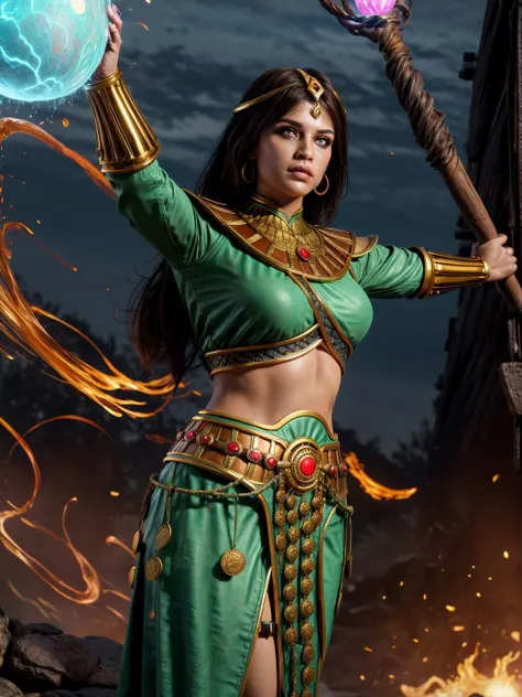 modelshoot style, (extremely detailed CG unity 8k wallpaper), glamour shot of upper body of sorceress girl (surrounded by swirling magic:1.2) in desert oasis, (style-swirlmagic), holding a stick and a staff with a glowing ball in her hand, green dress,gold accents,gold belt, midriff,bridal gauntlets,armor, intricate eyes, perfect eyes, aura, (dynamic pose:1.5), cinematic lighting, Sharp focus, face focus, (looking at viewer), <lora:add_detail:0.9>, <lora:Sorceress_Diablo2-KK77-V1:0.7>