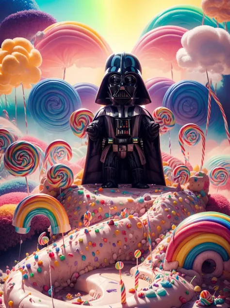 (Masterpiece, best quality:1.3), glamour shot of (darth vader:1.4) in (candyland:1.3), dynamic pose, <lora:Darth_Vader-KK77-V1:0.5>, <lora:Candyland-10:0.85>, (candyland:1.4), (ice cream), fantasy, (rainbow, balloon:1.2), sharp focus, (colorful:1.6), (shiny:1.2), volumetric lighting, (cake, candy:1.3), (pastel colors:1.4), <lora:add_detail:0.7>, <lora:epiNoiseoffset_v2-pynoise:0.15>