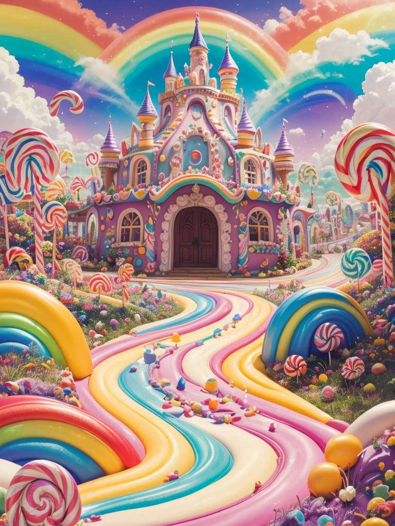 (Masterpiece, best quality:1.3), an (enchanted:1.3) (magical:1.3) (castle), full background, <lora:Candyland-10:0.85>, (candyland:1.5), ice cream, no humans, fantasy, rainbow, balloon, sharp focus, colorful, (shiny:1.2), natural lighting, cake, candy, atmosphere, (bloom:0.4), pastel colors, <lora:add_detail:0.3>, <lora:epiNoiseoffset_v2-pynoise:0.15>