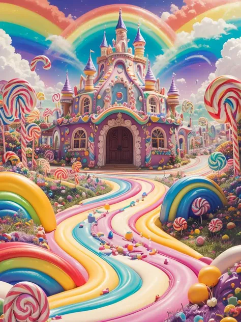 (Masterpiece, best quality:1.3), an (enchanted:1.3) (magical:1.3) (castle), full background, <lora:Candyland-10:0.85>, (candyland:1.5), ice cream, no humans, fantasy, rainbow, balloon, sharp focus, colorful, (shiny:1.2), natural lighting, cake, candy, atmosphere, (bloom:0.4), pastel colors, <lora:add_detail:0.3>,  <lora:epiNoiseoffset_v2-pynoise:0.15>