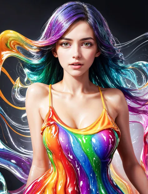 masterpiece, best quality, intricate details, glamour shot of upper body of a woman with rainbow hair (detailed face) wearing a dress, style-swirlmagic, (vivid colors:1.3), (sharp focus, realistic: 1.3), (extremely complex: 1. 2) intricate and fine details, dynamic pose, unique pose, surrounded by swirling glowing goo, <lora:add_detail:0.4>, <lora:coveredinhoney:0.7>