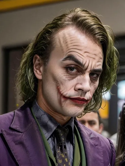 masterpiece, best quality, glamour close-up shot of joker looking at viewer with (RocksEyebrowRaise:1.2), Purple suit,Purple jacket,Green shirt,collar,necktie,Joker,Green hair, (from side:0.3), (raised eyebrow:1.3), digital painting, face focus, intricate details, sharp focus, trending on artstation, unique pose, dynamic pose, looking at viewer, <lora:add_detail:0.7> <lora:epiNoiseoffset_v2-pynoise:1.1>, <lora:RocksEyebrowRaise:0.8>, <lora:Joker_Heath_Ledger-KK77-V1:0.7>