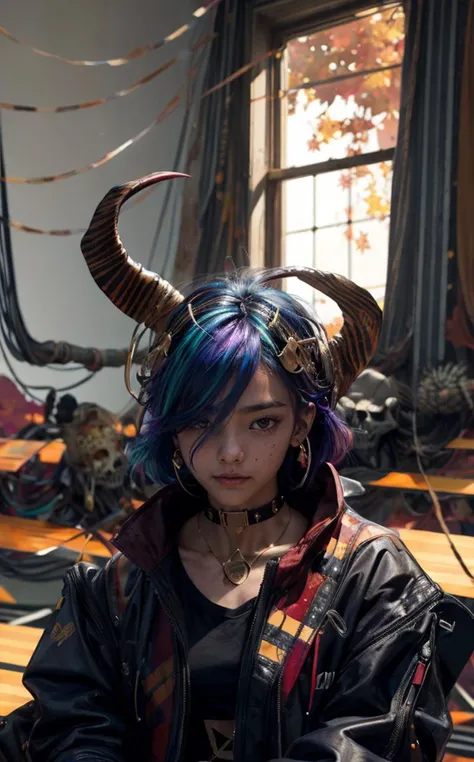 1 mermaid, (demon skull), tech, cyberpunk, wires, goggles, transparent layered jacket, (gold hair:1.2), lightbox, choker, earrings, (red stripe makeup:1.3), flower in hair, beautiful lighting, best quality, masterpiece, ultra highres, photorealistic, (autumn abstract background:1.4), <lora:Niji:0.5>, closeup, bokeh <lora:addDetail.JO09:0.8>