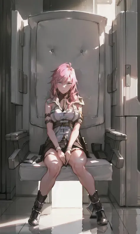 1girl, absurdres, blue sky, boots, building, city, cloud, open eyes, debris, pink_hair, from below, sitting cross arms, grass, outdoors, overgrown, post-apocalypse, puddle, rubble, ruins, scenery, sky, water, curvy body, big breasts, chubby, (masterpiece:1.3), (best quality:1.1), ((1girl)), ((solo)), (finely detailed eyes and detailed face:1.3), (beautiful and clear background:1.2), (extremely detailed CG, ultra-detailed, best shadow:1.1), ((depth of field)), ((watercolor)), beautiful concept illustration, (illustration:1.1), (extremely fine and beautiful:1.1), (perfect details:1.1), <lora:LightningFinalFantasy_20:1>, fine fabric emphasis, lighting, photorealistic,