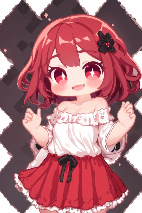 absurdres, highres, cowboy_shot, 1 girl, solo, [tiny:medium:0.7] breasts, madder red hair, sparkling pupils, (short hair), hair_ornament, (wavy hair ends), beautiful red eyes, ruby textured pupils, (smiley and round eyes), white blouse, off-shoulder, red skirt, happy smile, argyle_background