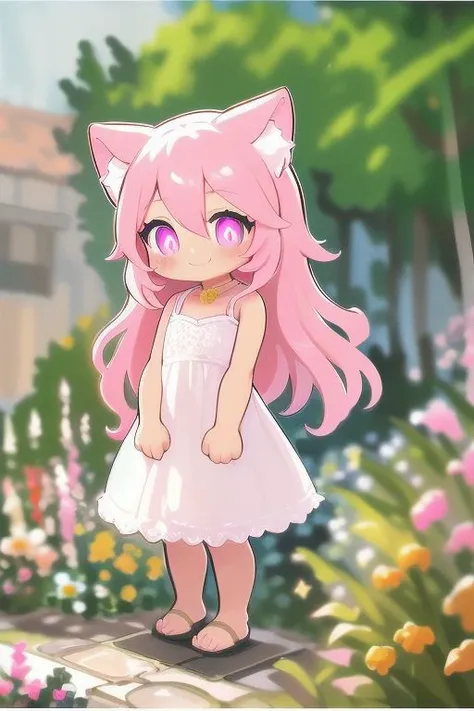 (rich gradient, extreme colors, extreme details, clear light perception, cinematic composition, pastel colors, (impressionist:1.4), (intricate detail:1.3), blurry foreground, concept art, letterboxed),
BREAK (1girl, solo:1.3, cute, pink hair, hair between eyes, sidelocks, long hair, cat ears, pink eyes, (arms at sides:1.2), sundress, white dress, collarbone, blush, smile),
(flower, garden, grass, stone step road, flowerpot, birch, fantasy, mountainous horizon)