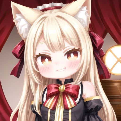 A realistic, highly detailed youthful petite 18 year old young adult girl with long blonde hair, brown almond shaped eyes, blonde cat ears, smug smile, bow-shaped lips, snub nose, round chin, white skin, wearing feint makeup, female fantasy attire, with accurate body proportions, highly detailed facial features, volumetric lighting, volumetric shadows, basic background, unposed, and styled as a HD photo. (mesugaki)